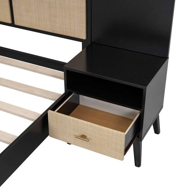 Polibi Black Wood Frame Queen Platform Bed with 2-Nightstands
