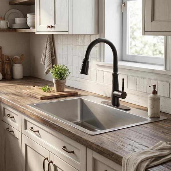 15.4 in. Single Handle Pull Down Sprayer Kitchen Faucet, Kitchen Faucet with 360° Swivel Spout, Oil Rubbed Bronze