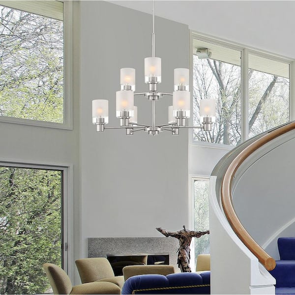 Designers Fountain Cedar Lane 9 -Light Brushed Nickel Chandelier with Clear Etched Glass Shades