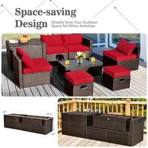 8-Piece Patio Rattan Furniture Set Space-Saving Storage Cushion Red Cover