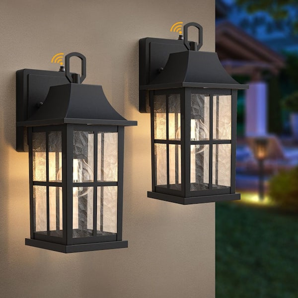 Hawaii 13 in. H 1-Bulb Black Hardwired Outdoor Wall Lantern Sconce with Dusk to Dawn (2-Pack)