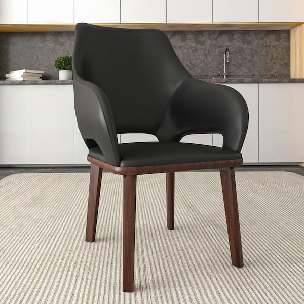 Leisuremod Dining Chair Upholstered in Leather with Rubberwood Base Vivara Set of 4 in Dark Grey