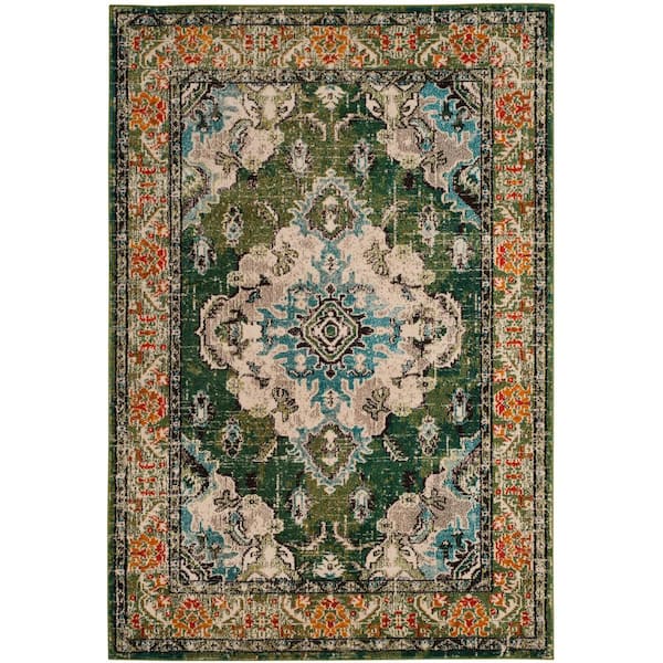 Monaco Green/Light Blue 6 ft. x 8 ft. Distressed Border Medallion Area Rug