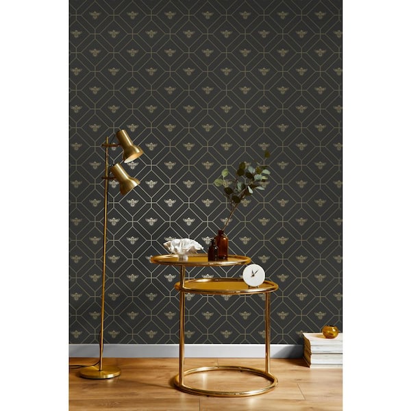 HOLDEN Honeycomb Bee Charcoal Metallic Wallpaper 13081 - The Home