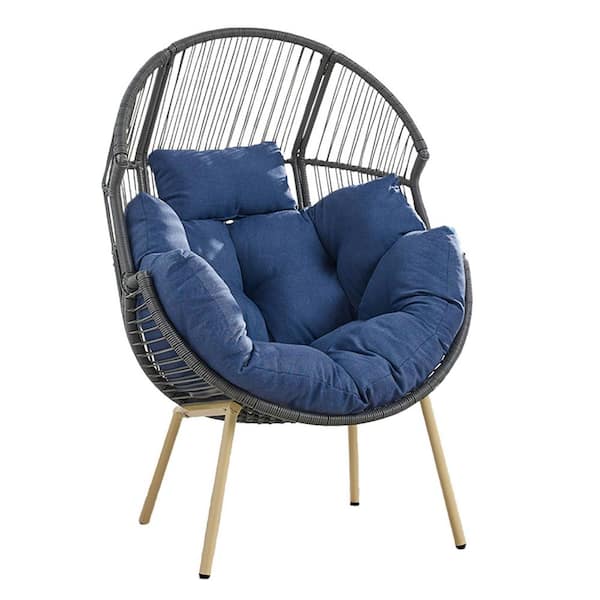 moosprr Patio Gray Wicker Egg Chair Outdoor Lounge Chair with Blue Cushion