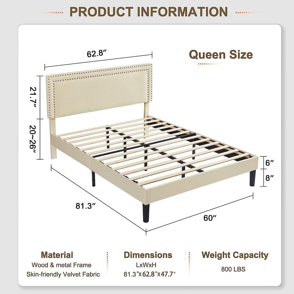 Beige Velvet Upholstered Queen Platform Bed with Tufted Headboard