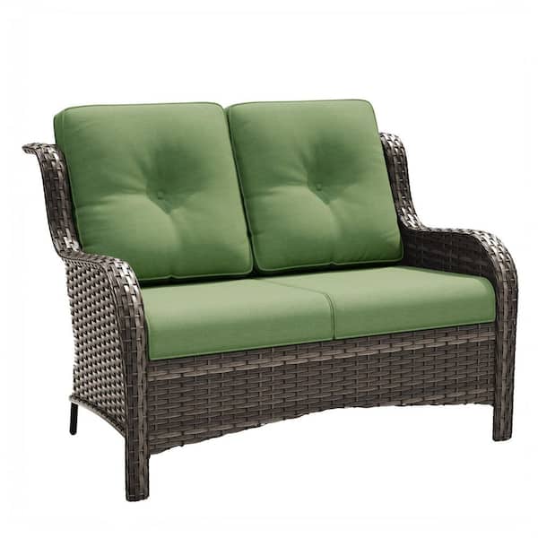 Wicker Outdoor Loveseat Patio Couch with Green Cushions