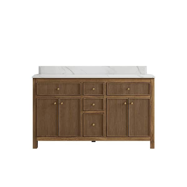Willow Collections Sonoma Teak 60 in. W x 22 in. D x 36 in. H Double Sink Bath Vanity in Dark Teak with 1.5" Calacatta Quartz Top