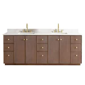 Oza 84 in.W x 22 in.D x 33.9 in.H Double Sink Bath Vanity in Dark Brown with White Qt. Stone Top