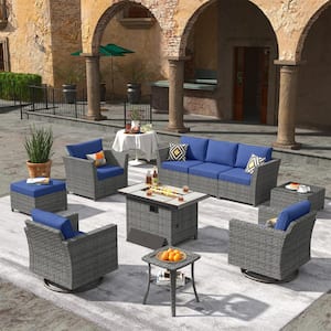 Bexley Gray 10-Piece Wicker Rectangle Fire Pit Patio Conversation Set with Navy Blue Cushions and Swivel Chairs