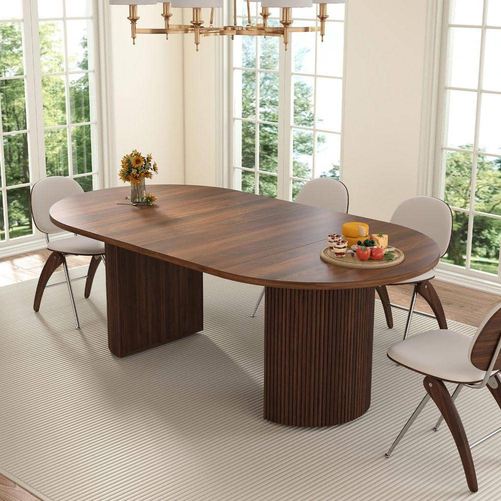 ATHMILE Walnut Wood 78.74 in. Double Pedestal Stretchable Dining