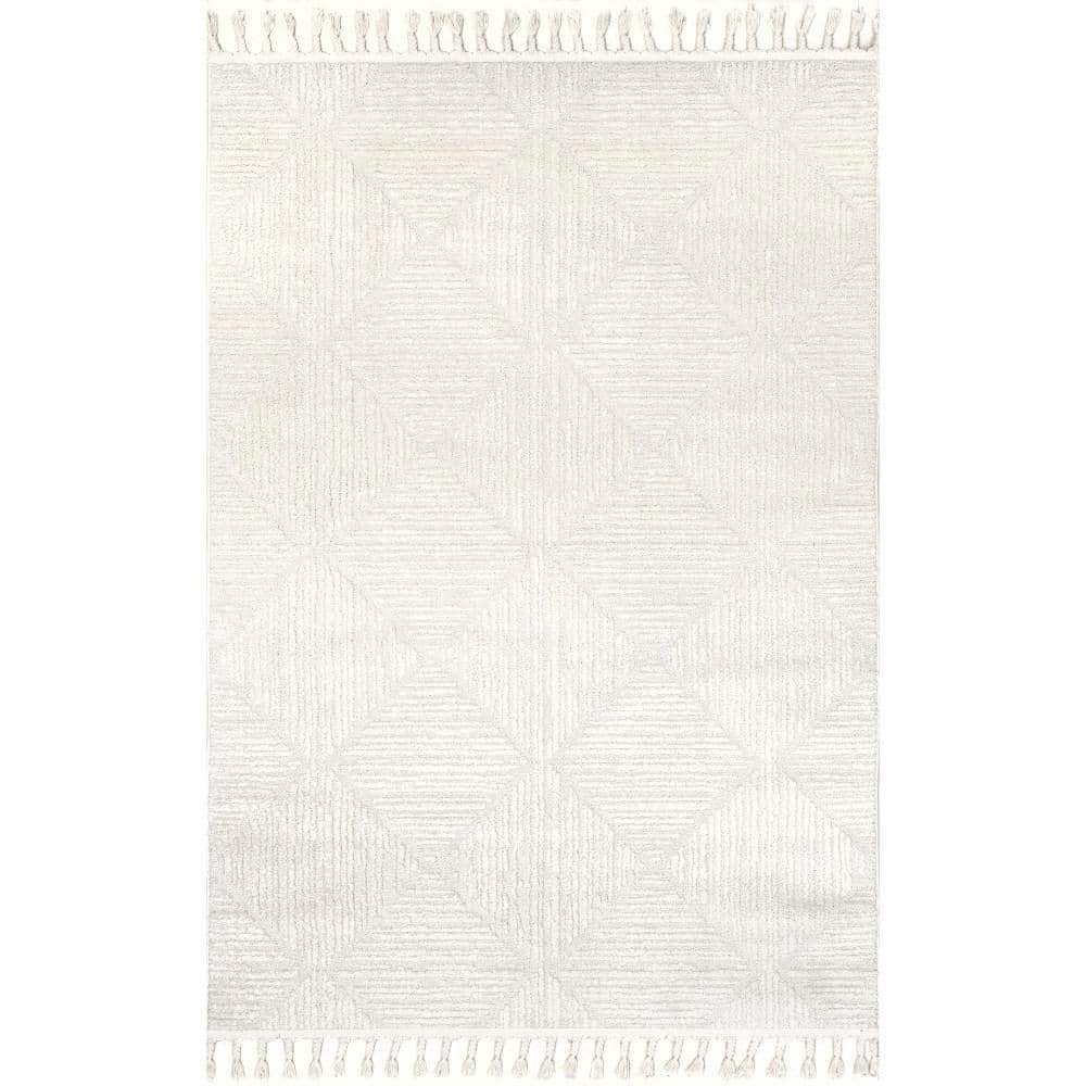 Cream Geometric Textured Synthetic Area Rug with Tassels, 7x9