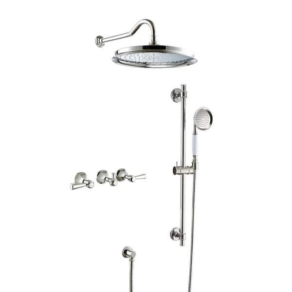 Classical Style 2-spray Wall Mount 12 in. Round Rain Shower Head and Handheld Shower with Sliding Rod in Polished Nickel