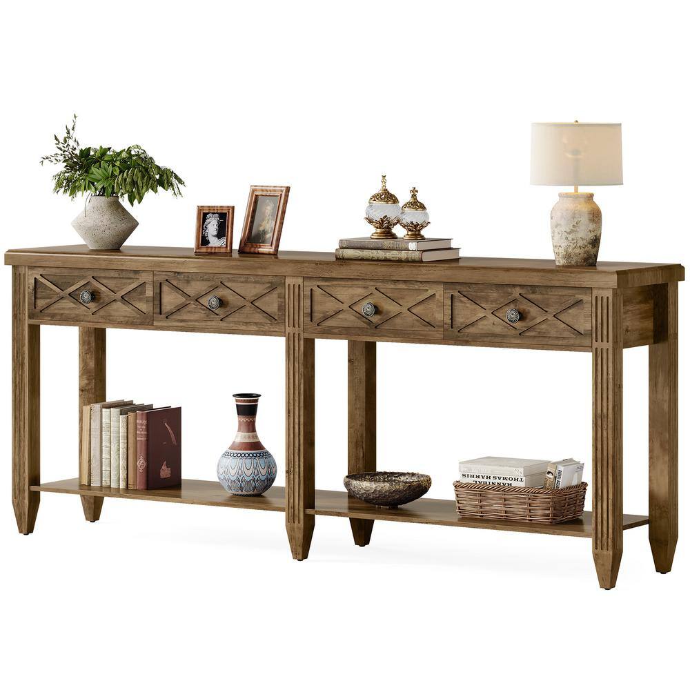 Turrella 70.87 in. Extra Long Entryway Table with 4-Drawer, Brown Rectangle Sofa Table Wood Console Table with Shelf