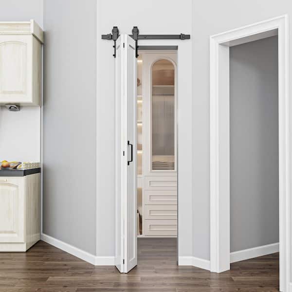 25 in. x 84 in. Paneled 1-Lite White Finished Composite MDF Bifold Sliding Barn Door with Hardware Kit