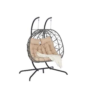 Outdoor Large 2-Person Patio Hanging Chair 600 lbs. Wicker Swing Egg Chair with Heavy Duty Stand, Thickness Cushions
