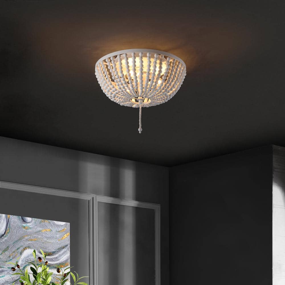 Allison 15" White Wood Beaded LED Flush Mount Light