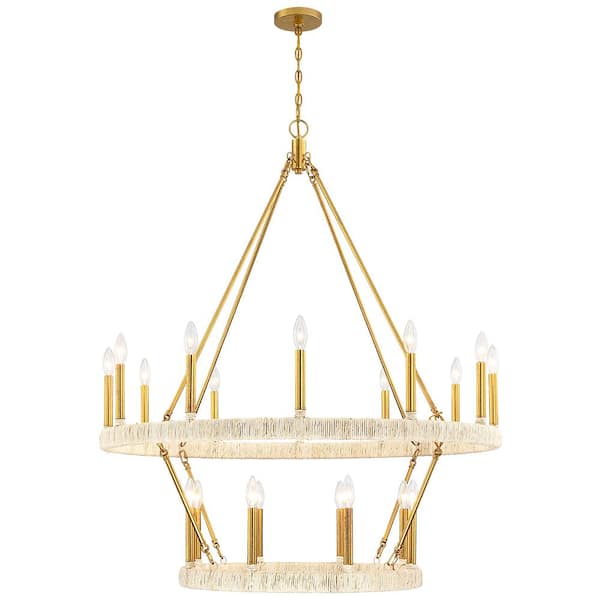 TRUE FINE 40 in. 20-Light Antique Gold Candle Style Wagon Wheel Chandelier