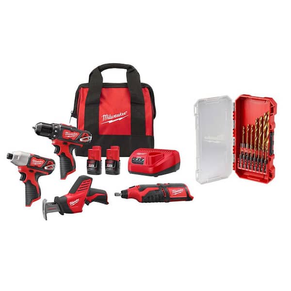 M12 12V Lithium-Ion Cordless 4-Tool Combo Kit with (2) Compact 1.5Ah Batteries and Charger & Titanium Bit Set