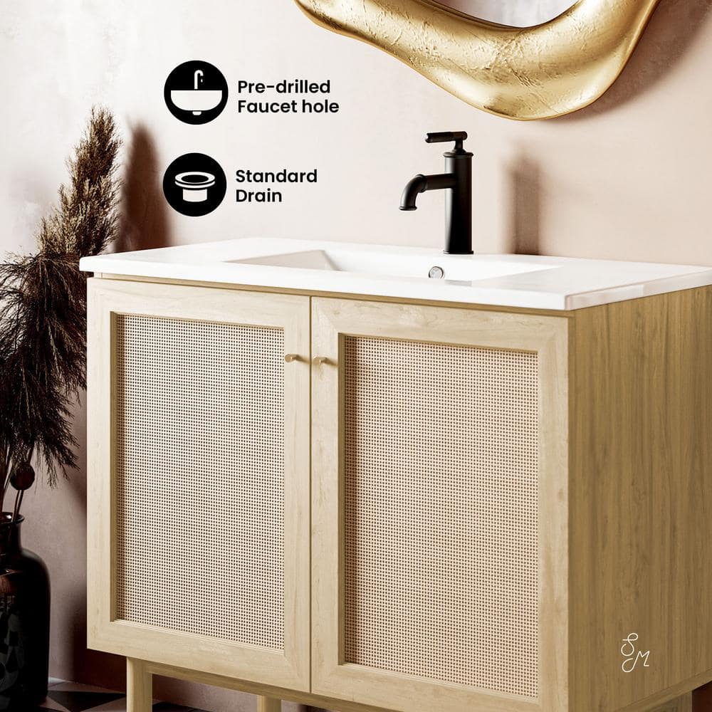 Natural Oak and White Ceramic Freestanding Bathroom Vanity
