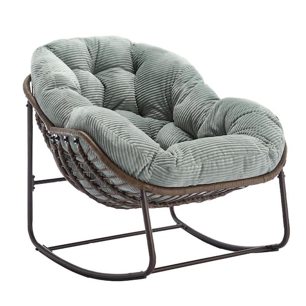 HOMEFUN Deluxe Oversized Patio Steel Rattan Wicker Padded Outdoor Rocking Chair with Green Corduroy Cushion
