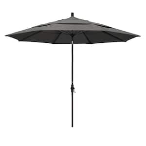 11 ft. Bronze Aluminum Market Patio Umbrella with Collar Tilt Crank Lift in Charcoal Sunbrella