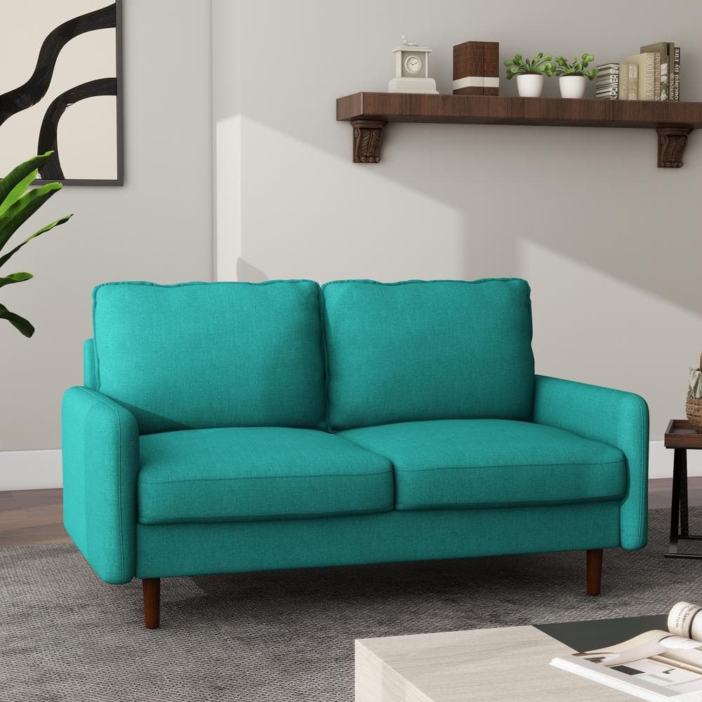 Uixe 55.5 in. W Modern Straight Arm Linen Fabric Teal Blue Upholstered