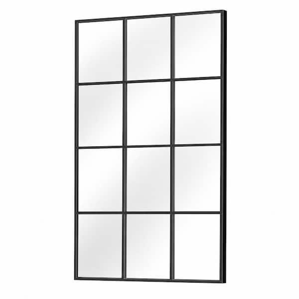 30 in. W x 48 in. H Window Pane Framed Wall Mirror in Black, Metal Grid Frame, Large Decor for Bedroom, Hang or Lean