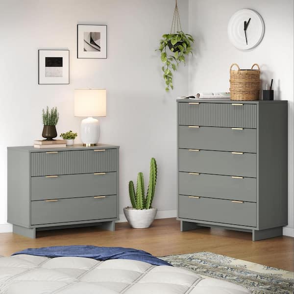 Manhattan Comfort Granville Light Grey 5 Drawer 37.8 in. W Tall Chest and 3 Drawer 37.8 in. W Standard Dresser Set of 2 GRAN026
