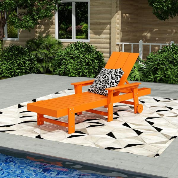 Shoreside Orange Fade Resistant All Weather HDPE Plastic Outdoor Adjustable Backrest Chaise Lounge Arm Chair with Wheels