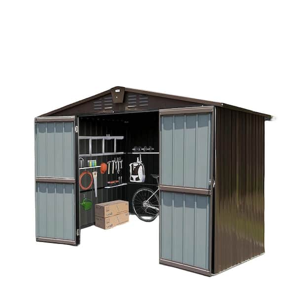 Zeus & Ruta 10 ft. W x 8 ft. D Brown Metal Outdoor Metal Storage Shed with Lockable Double Doors for Garden Backyard (70.98 sq. ft.)