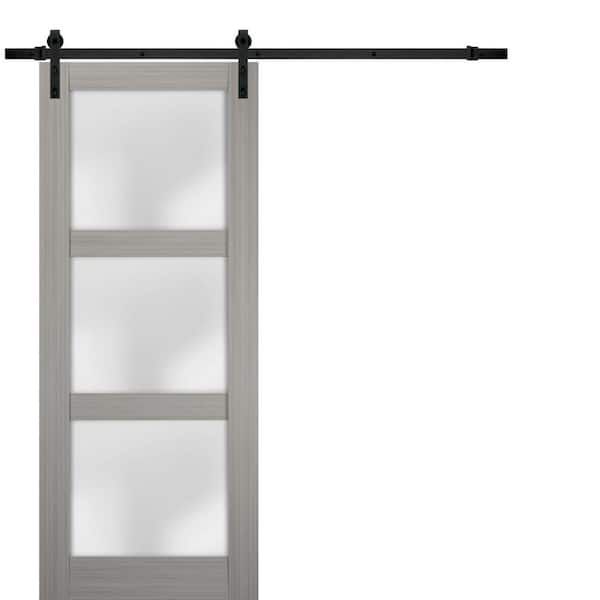 Sartodoors 36 in. x 80 in. 1 Panel Frosted Glass Gray Ash Solid Wood Sliding Barn Door with Hardware Kit