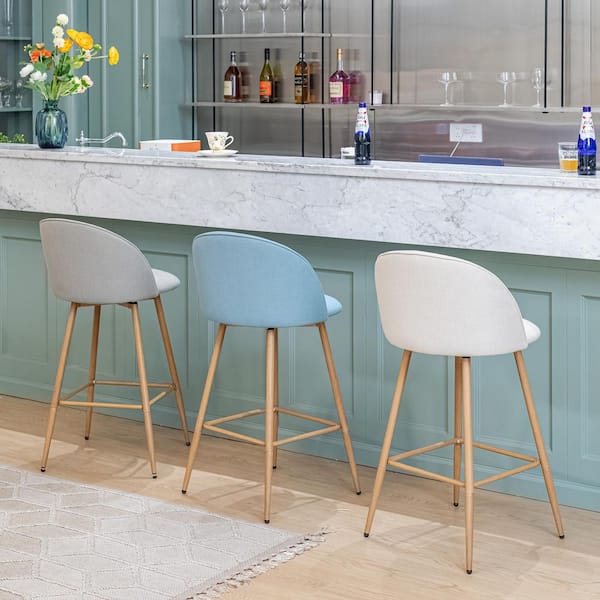 Haseeb 26 in. Modern Swivel Upholstered Counter Height Bar Stool with Curved Back, Pale Teal Fabric/Oak Legs, (Set of 4)