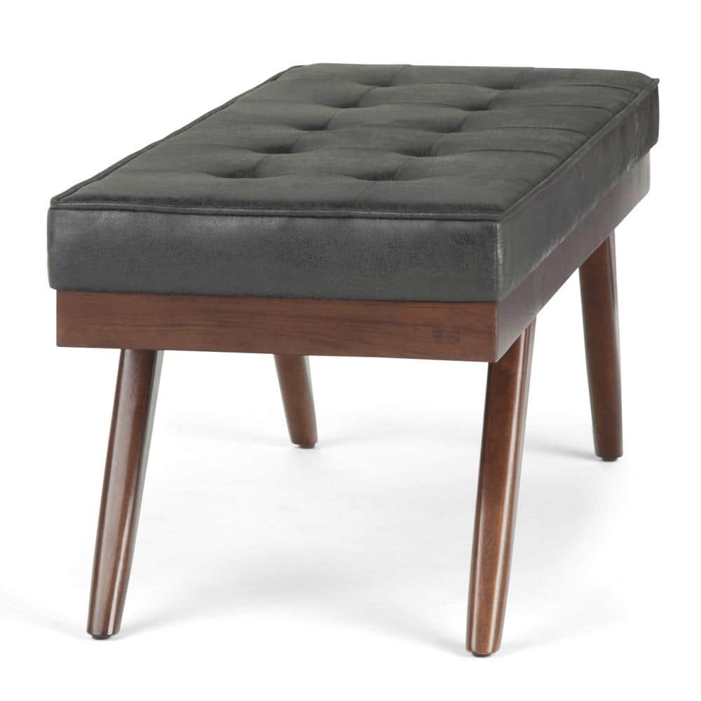 Pierce 48" Distressed Black Faux Leather Tufted Ottoman Bench