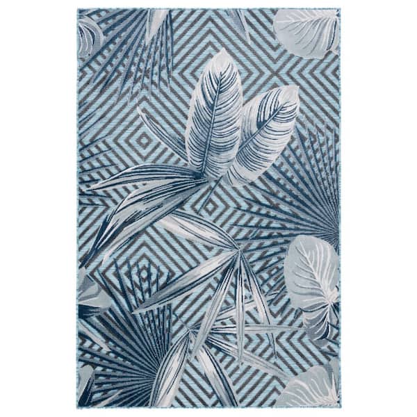 Cabana Aqua/Navy 9 ft. x 12 ft. High-Low Diamond Leaf Indoor/Outdoor Area Rug