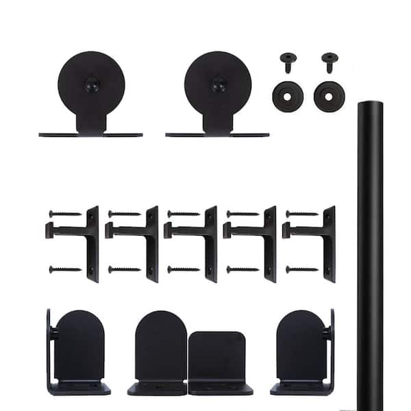 96 in. Top Mount Black Sliding Barn Door Round Track and Hardware Kit ...