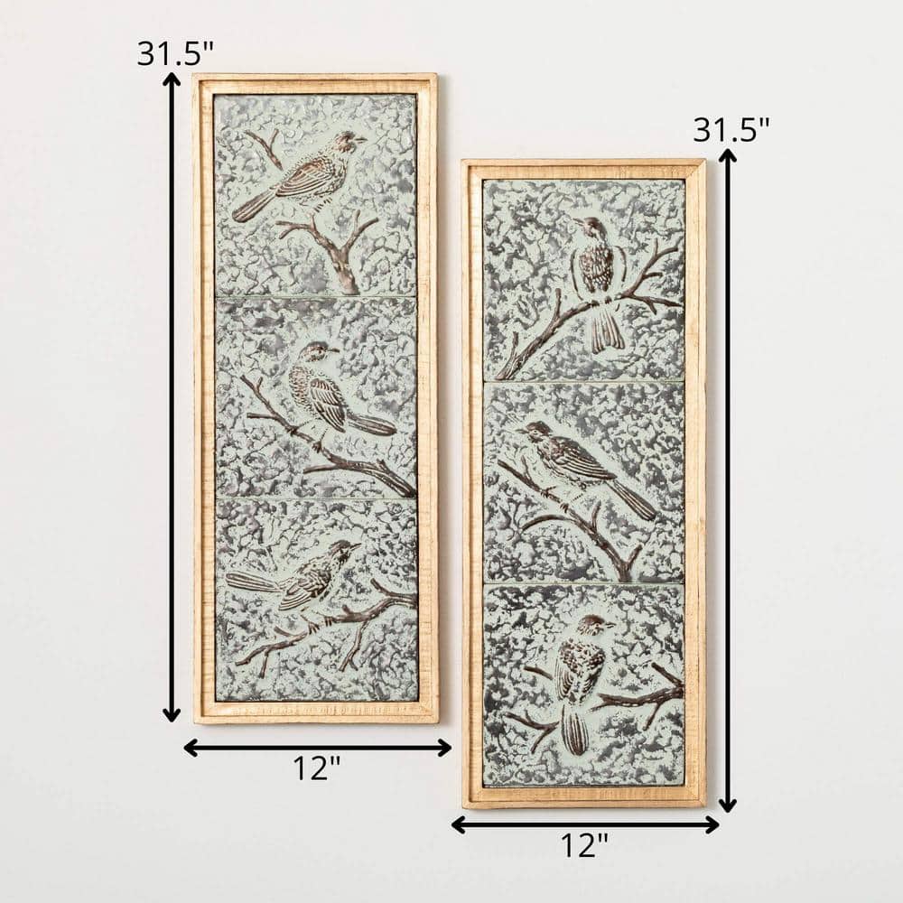 31.5" Soft Green and Blue Bird Metal Wall Decor Set
