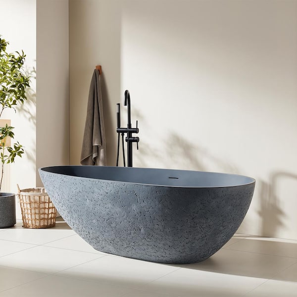 JUNO 67 in. x 33.46 in. Solid Surface Stone Resin Egg Shape Soaking Flatbottom Bathtub in Gray with Dotting Design