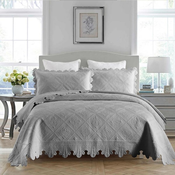 TK113 Light Grey Floral Queen Size Cotton Oversized Bedspread Set Coverlet Set Lightweight Quilt Set