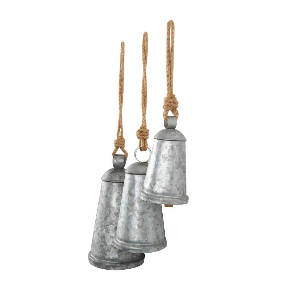 Silver Metal and Jute Hanging Cone Bells, Set of 3