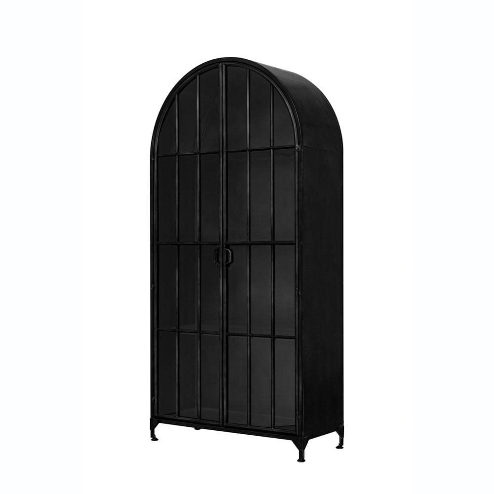 Arched Black Iron and Glass Office Storage Cabinet