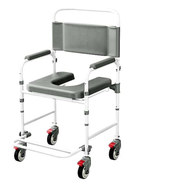 21.6 W Portable Bedside Commode Toilet Seat with Wheels and Bucket, Shower Wheelchair with 300 lb. Weight Capacity