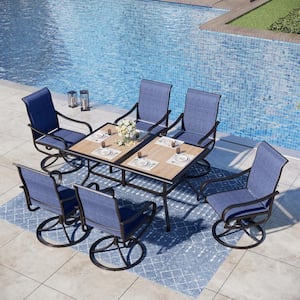 Black 7-Piece Metal Outdoor Dining Set with Wood-Look Patio Table and Swivel Padded Blue Textilene Outdoor Dining Chair