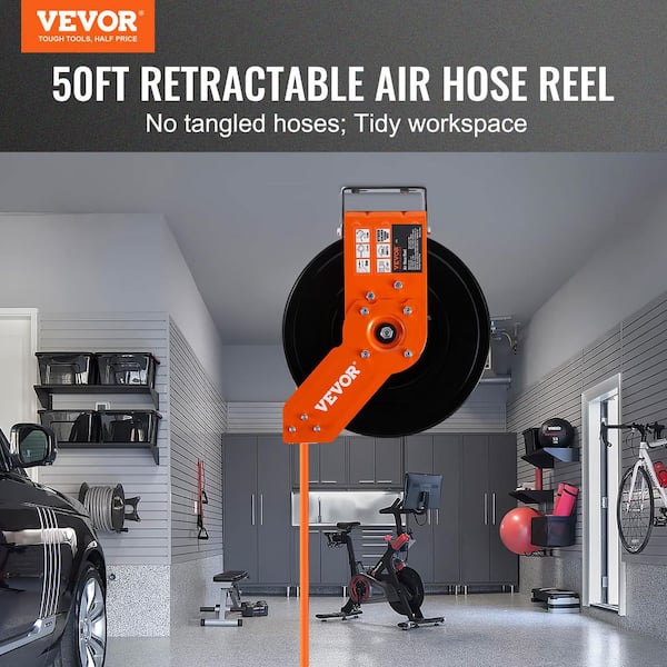 Retractable Air Hose Reel, 3/8in. x 50ft. Hybrid Hose, 300PSI, Ceiling/Wall Mount Heavy Duty Steel Reel with 5in. Lead