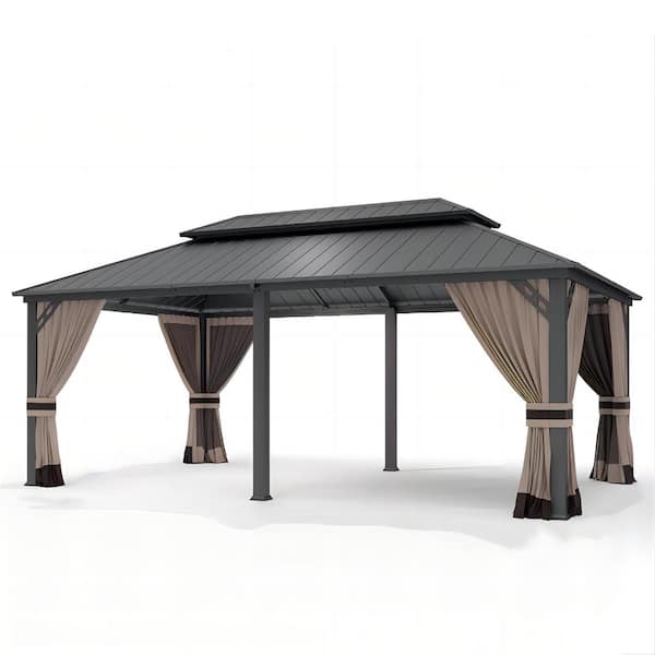 Halmuz 12 ft. x 20 ft. Gray Hardtop Gazebo with Curtain Sand
