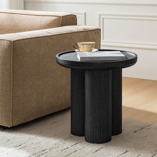 Katriel 19.75 in. Black Round Wood End Table with Oak Veneer Finish