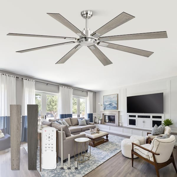 72 in. Nickel Standard Ceiling Fan No Light with Remote,2-Color Blades, 6-Speed DC Motor, Downrod Mount for Patio