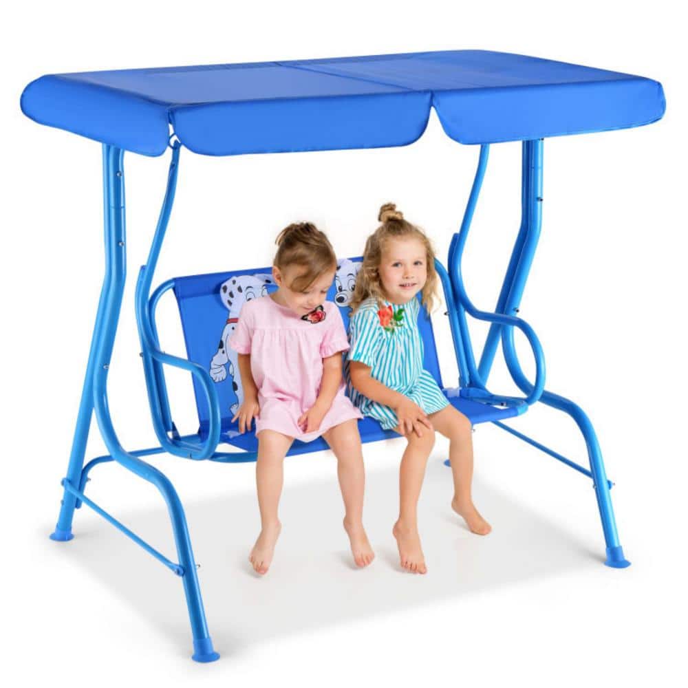 Clihome 2-Person Blue Metal Outdoor Porch Swing Kids Patio Swing Bench with Sunbrella -  CL-3036