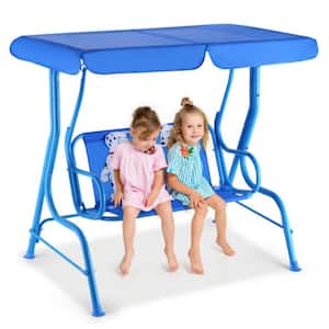 2-Person Blue Metal Outdoor Porch Swing Kids Patio Swing Bench with Sunbrella