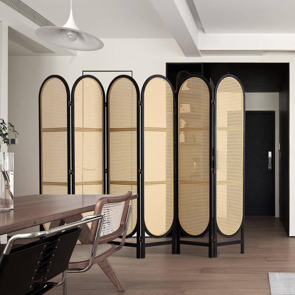 6-Panel Black and Natural Rattan Folding Room Divider
